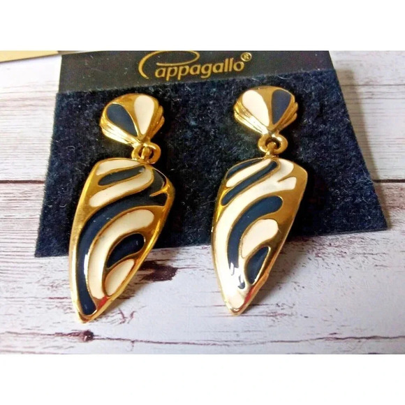 1980s Vintage Gold Tone Dangle Earrings with Zebra Stripe Motif by Cappagallo - Picture 1 of 6